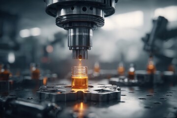 Automated industrial process filling small bottles with liquid, precise manufacturing, controlled environment, robotic precision and efficiency in production line.