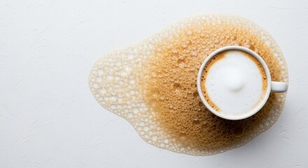 Obraz premium Spilled Coffee Cup with Sugar Crystals and Foam Bubbles