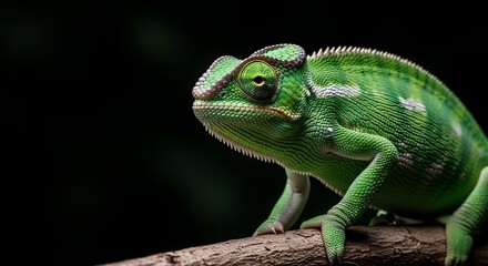 Fototapeta premium Closeup of a vibrant green chameleon perched on a branch in the wild