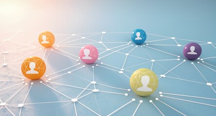 Colorful human icons connected in a digital network illustrating social connections