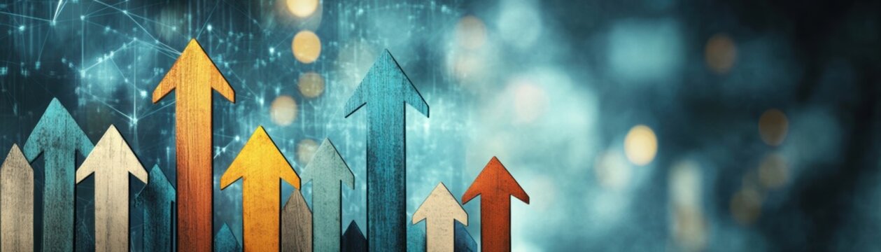 An abstract image featuring colorful arrows pointing upwards against a blurred, dynamic background represents growth and progress, Ideal for business presentations, reports, and marketing materials,