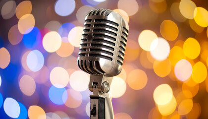 Vintage microphone against festive bokeh background