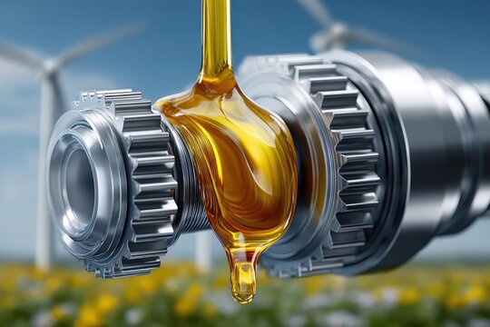 Close-up of lubricating oil being poured onto gears with wind turbines in background showing the importance of lubrication for sustainable energy production, efficiency and reliability.