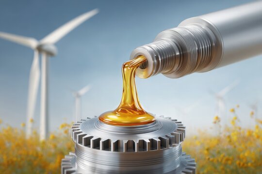 Pouring golden oil on a gear with wind turbines in the background showcasing industrial lubrication and renewable energy sources in a clear sky environment.