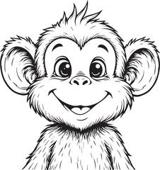 Cheerful Monkey Portrait: A charming black-and-white portrait of a smiling monkey, exuding playfulness and joy with detailed line art.