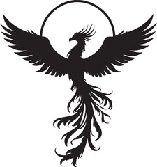 Phoenix Symbol: A striking black silhouette of a phoenix bird, rendered with intricate detail, set against a simple background, it encapsulates themes of rebirth and resilience.