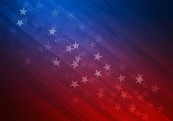 Patriotic Stars and Stripes Abstract Background: Red, White, and Blue Gradient Design with Diagonal Stripes and Glowing Stars.