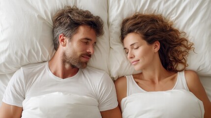 A peaceful couple sleeping comfortably in a bright, cozy bedroom, embracing tranquility and rest.