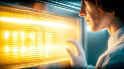 A person interacts with a bright, glowing screen, likely displaying data.