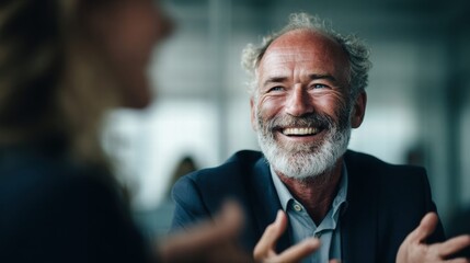 Fototapeta premium A senior man shares a happy, genuine smile during a business meeting with a colleague.