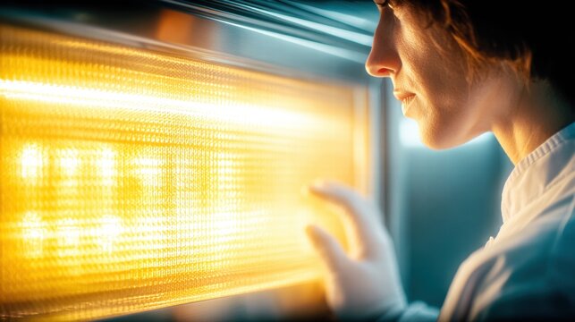 A person interacts with a bright, glowing screen, likely displaying data.