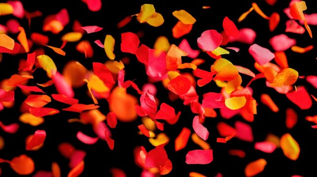 Vibrant Floral Explosion: Dynamic Shot of Falling Red and Yellow Petals on Black Background