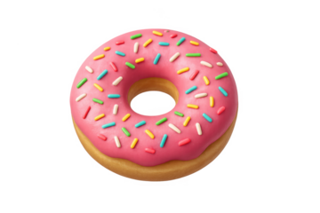 Delicious pink donut with colorful sprinkles isolated on transparent background