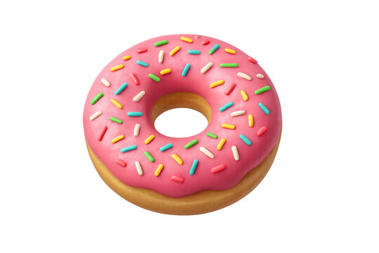 Delicious pink donut with colorful sprinkles isolated on transparent background