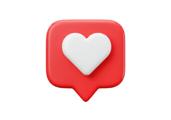 3D illustration of red speech bubble with white heart symbol representing likes and appreciation