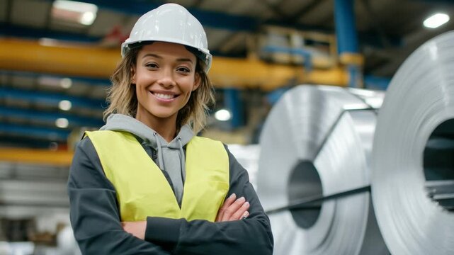 A skilled female engineer in safety gear assesses galvanized metal sheets and large plastic rolls under bright factory lights.