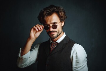 Naklejka premium Stylish Man in Vintage Outfit Against Dark Background