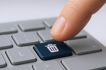 Finger pressing delete key, data removal concept on computer keyboard for cleaning files and recycle