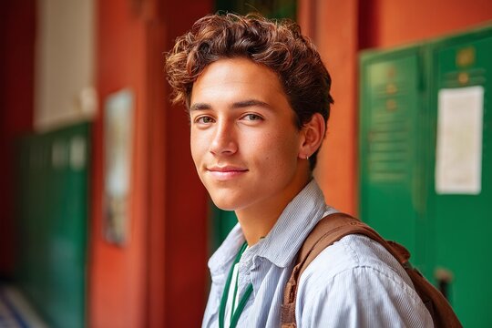Portrait of a Teenage Student in a School Corridor