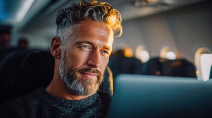 A mature businessman works on his laptop during a flight, bathed in warm sunlight while focused.