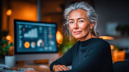A smiling senior businesswoman works on her computer in a modern office setting.