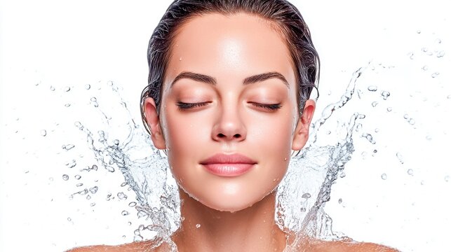 The image features a beautiful woman with water splashing around her, emphasizing skincare.