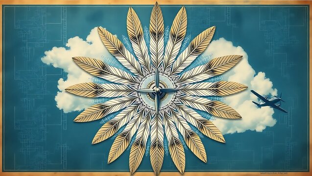 National aviation day image with airplane, compass, feathers, and clouds