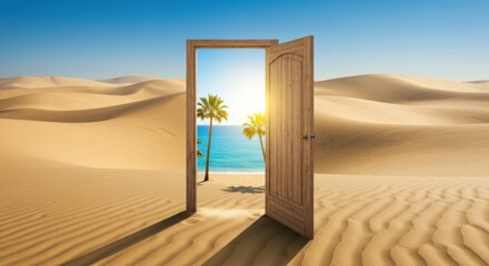 Desert Door to Paradise: A captivating, surreal view reveals a wooden door, a portal amidst the arid desert, offering a glimpse of a tropical oasis.
