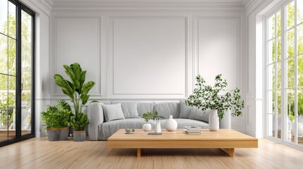 Fototapeta premium Elegant Living Room Interior with Modern Décor, White Walls, Light Wood Floor and Plants