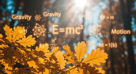 Physics Equations Overlaying Autumn Leaves in Forest: Conceptual Illustration of Science and Nature Harmony