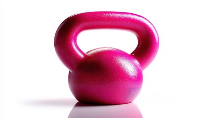 A vibrant pink kettlebell stands alone against a white background, highlighting its glossy finish, Ideal for fitness and wellness content