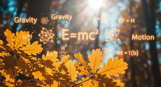 Physics Equations Overlaying Autumn Leaves in Forest: Conceptual Illustration of Science and Nature Harmony