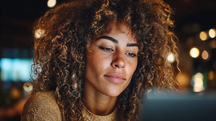 A beautiful woman with curly hair is lost in thought in a soft, warm lit space.