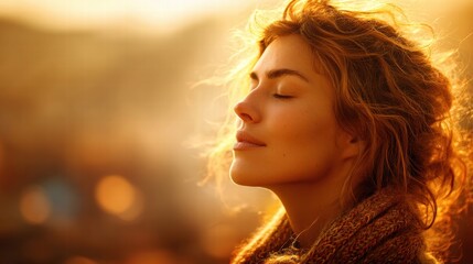 A woman closes her eyes, bathed in golden sunlight, enjoying a moment of peace.