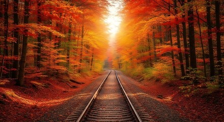 Naklejka premium Railroad track through a vibrant autumn forest with colorful foliage