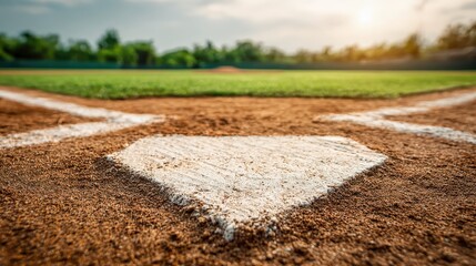 Baseball Home Plate on the Field with Blurred Background, Sports Venue, Summer Outdoor Game