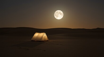 Desert Camp Under Moonlight: a solitary tent in the serene desert under the full moon. a magical night of outdoor camping. A visual of peaceful escapism.