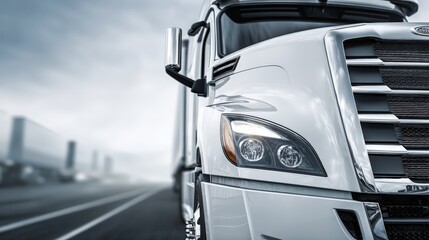 Modern White Semi-Truck Cab on Highway Delivering Freight with Other Vehicles in Background