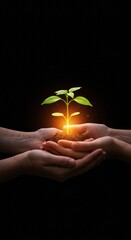Nurturing Growth: Two hands delicately cradle a vibrant seedling, its tender leaves reaching towards the light, symbolizing growth and new beginnings. 