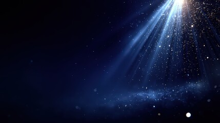 A captivating image featuring ethereal blue rays of light piercing through a dark background, filled with soft particles and sparkles, Ideal for projects related to magic, fantasy, or inspiration,