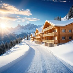 Fototapeta premium A picturesque mountain retreat featuring cozy wooden chalets amidst a snowy landscape and towering peaks, ideal for promoting winter getaways, cozy lodging, or outdoor adventures,