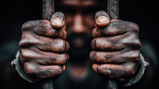 A prisoner's hands tightly gripping metal bars, conveying feelings of despair and helplessness.