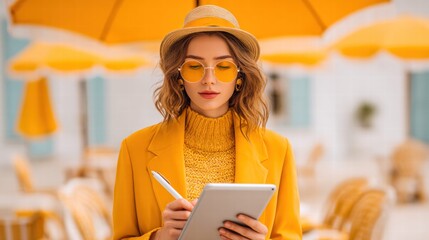 A woman in yellow clothes working on a tablet computer outdoors with a bright, sunny backdrop.