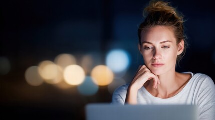 Blonde woman working late on her laptop, focused and thoughtfully analyzing the screen in the night.