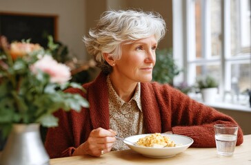 Elderly woman having breakfast with healthy food at home