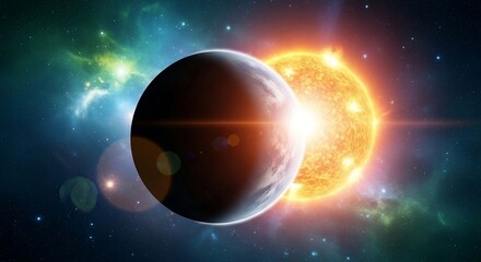 Fototapeta premium A planet with a bright sun in the background of a colorful nebula