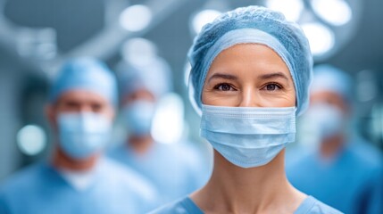 A cheerful surgeon is ready for a procedure, with a medical team in the background.