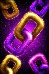 A vibrant digital illustration features glowing purple and gold chains amidst a cosmic background, symbolizing connection and strength, Ideal for tech, security, or blockchain-related projects,