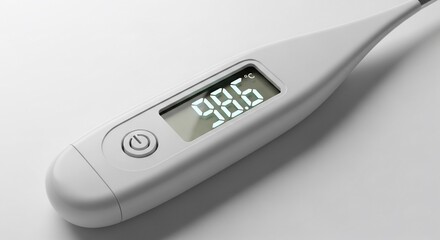 Digital Thermometer Displaying 98.6 Degrees Fahrenheit on a White Background