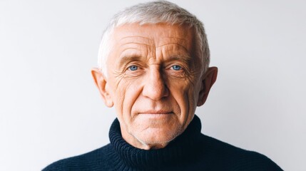 A distinguished senior man with striking blue eyes, looking directly at the viewer in a close-up portrait.